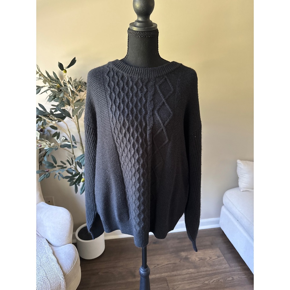 AnyBody Women Black Mixed Cable Knit Crew Neck Sweater Size Large Pullover